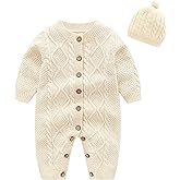 IADOER Baby Newborn Boy Knitted Sweater Romper Cotton Longsleeve Outfit with Kids Winter Warm Hats Set