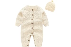 IADOER Baby Newborn Boy Knitted Sweater Romper Cotton Longsleeve Outfit with Kids Winter Warm Hats Set