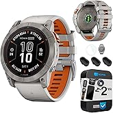 Garmin Fenix 7X Pro Sapphire Solar, Multisport GPS Smartwatch, Built-in Flashlight, Solar Charging, Titanium w/Fog Gray/Ember Orange Band Bundle with 2YR CPS Protection Pack, Dust & Screen Protector