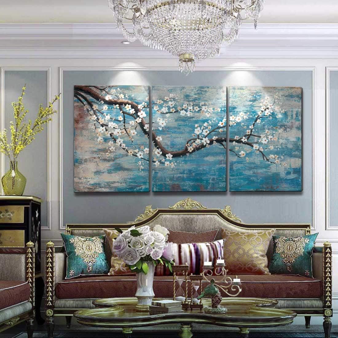 Paintings - Extra Large Wall Art for Living Room 100% Hand-Painted Framed Decorative Floral Oil Painting Set Decorative Modern Blue Tree Artwork Ready to Hang 72