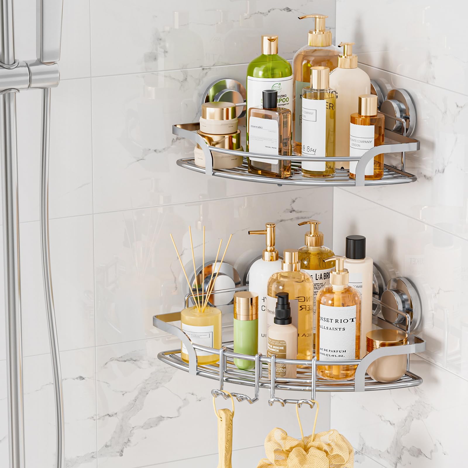 Photo 1 of LEVERLOC 2 Pack Powerful Suction Cup Corner Shower Caddy, Stainless Steel Rustproof Shower Shelf with Hooks, Drill-Free Wall Mounted Bathroom Organizer, Large Capacity Removable Suction Basket, Silver