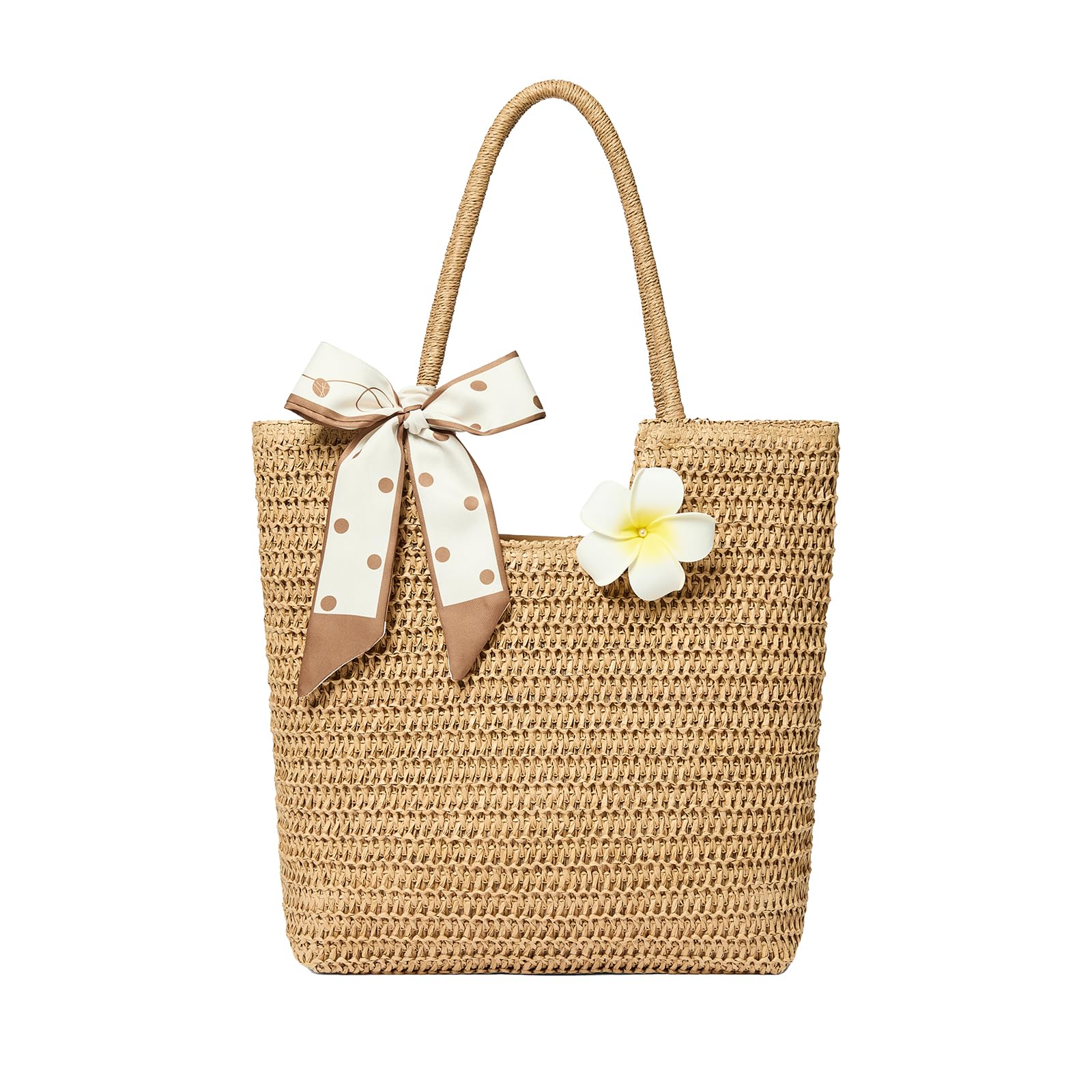 Photo 1 of Straw Tote Bag for Women, Large Summer Beach Bag with Polka Dot Scarf & Plumeria Flower (brown)