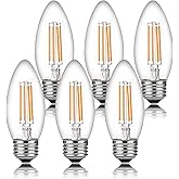 Bioluz LED 93 CRI Dimmable Filament Candelabra Light Bulbs | E26 Base C37 | Clear LED Candle Lights (Uses only 5W) | Energy Efficient 6-Pack | 60W Equivalent LED Light Bulbs
