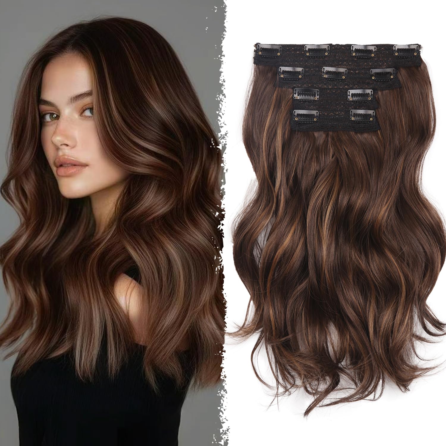 Photo 1 of 14 Inch Brown Hair Extensions - Wavy Synthetic Clip in Hair Extensions For Women And Girls (Color:Chestnut Brown with Dark Blonde Highlights)