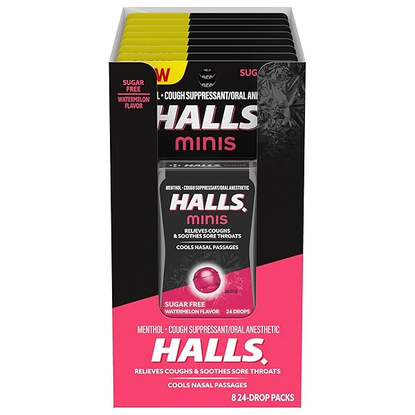 HALLS MINIS WATERMELON FLAVOR SUGAR FREE COUGH DROPS, 8 PACKS OF 24 DROPS (192 DROPS TOTAL)