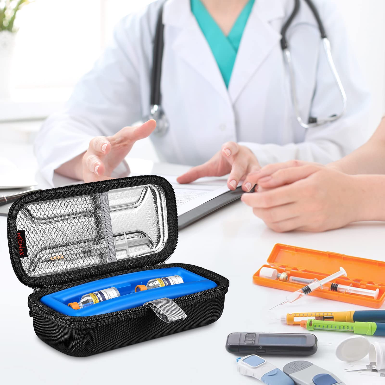 Insulin Vial Carrying Cooler Case, Portable Water Resistant Insulated Diabetic Organizer Protective Hard Shell Medical Travel Case with One Ice Brick (Black)
