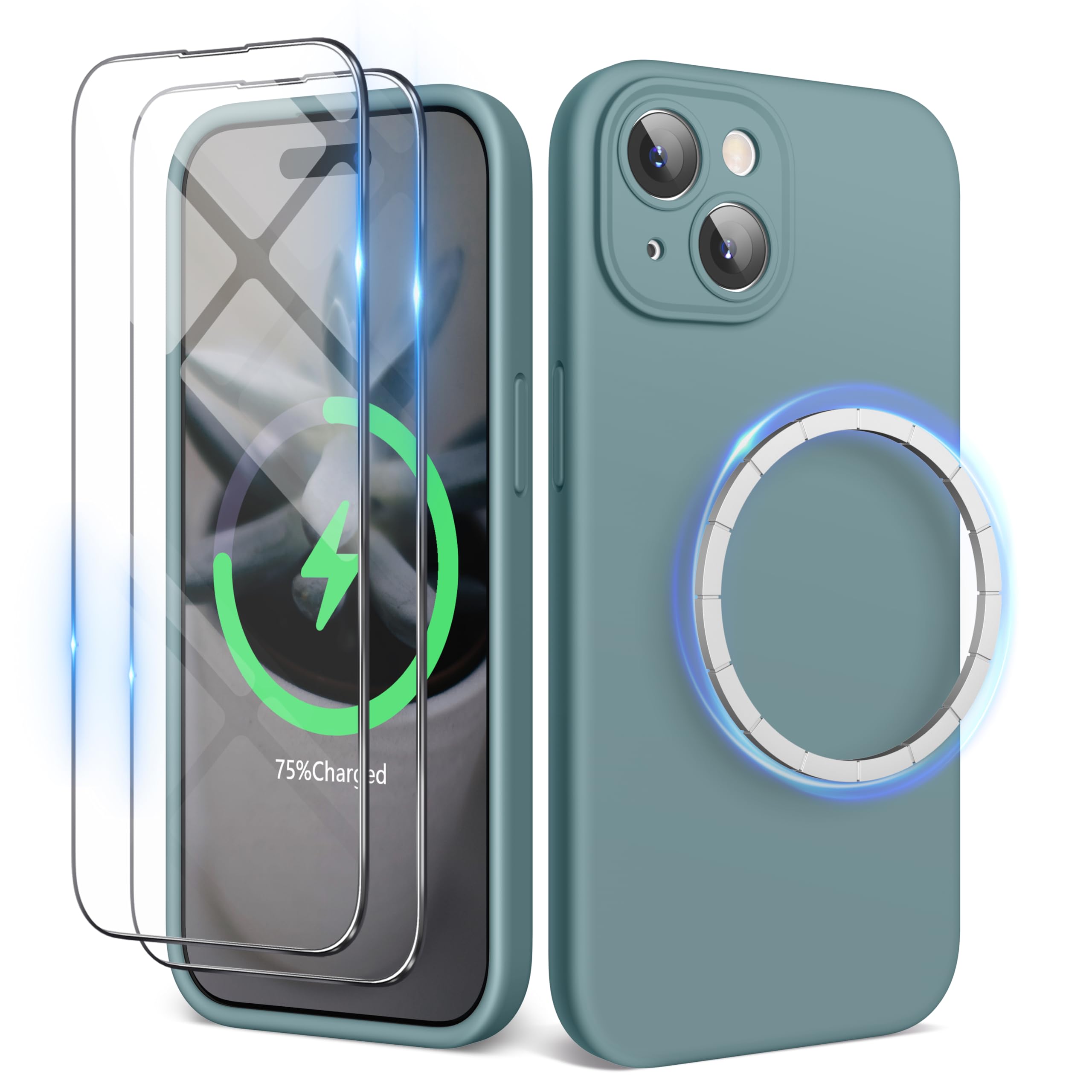 SURPHY Magnetic Case for iPhone 15 Plus Case with Screen Protector, Liquid Silicone Anti-Scratch Compatible with MagSafe Gel Rubber Phone Case for iPhone 15 Plus 6.7 inch, Cactus Green — image 1