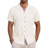 Mens Linen Shirts Short Sleeve Casual Cuban Button Down Shirts Summer Beach Vacation Tops with Pocket