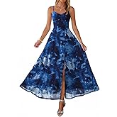 Caracilia Women's Summer Maxi Dresses Floral Mesh Spaghetti Strap Split Formal Wedding Guest Cocktail Party Beach Long Dress