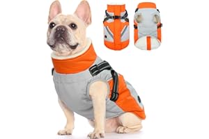 FUAMEY Dog Jackets-Dog Coat with Harness Built in-Waterproof Dog Jacket-Dog Winter Coat with Zipper On Back-Snowsuit Pet Clothes Poop Bag Pockets-Reflective Dog Vest for Extra Small Dogs Orange XS