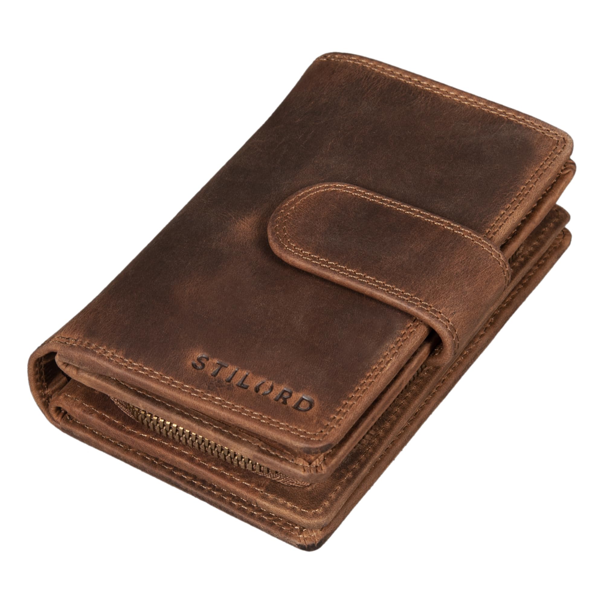 STILORD 'Tilda' Ladies RFID Leather Purse Vintage Wallet Large Credit Card Holder with Zipper Womens Coin Purse Genuine Leather, Colour:Middle Brown