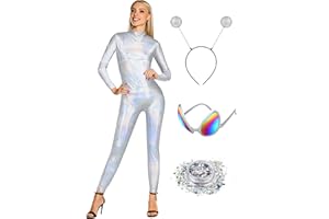 SOMSOC 4 Pieces Metallic Halloween Womens Alien Costume Mock Neck Unitard Alien Costume Antenna Headband Glasses Glitter