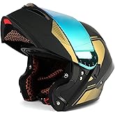 Orthrus Modular LED Full Face Motorcycle Helmet - DOT Approved Flip-Up Dual Visor Sun Shield & Bluetooth Ready for Adults Men Women - Street Bike/Motocross (Dobermann Gold, XL)