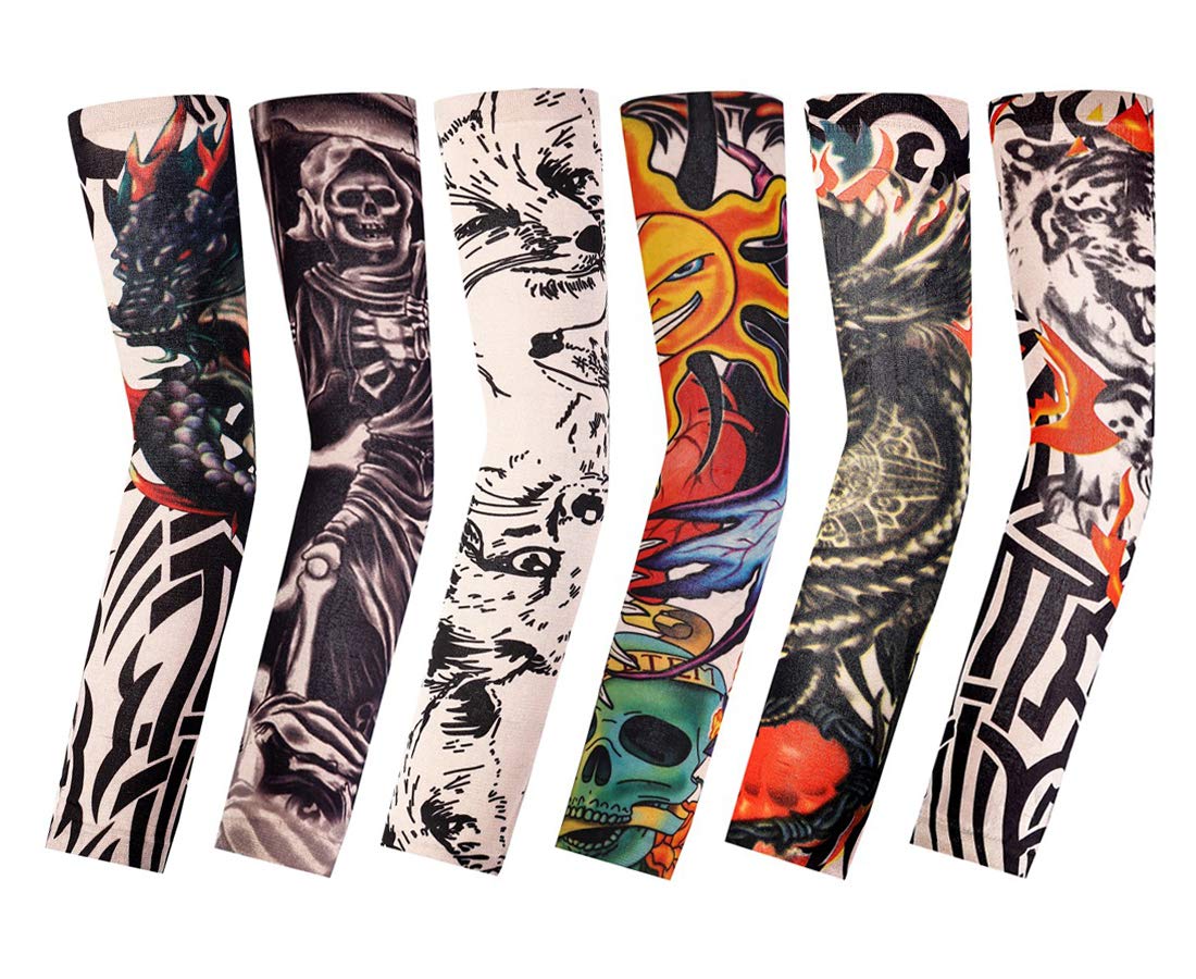 BaiJ Arm Tattoo Sleeves,6 Pack Men Fake Temporary Tattoo Nylon Sleeve Arm Stockings Elastic Biker Sleevelet for Halloween Basketball Cycling Driving Sun Block Unisex 38CM