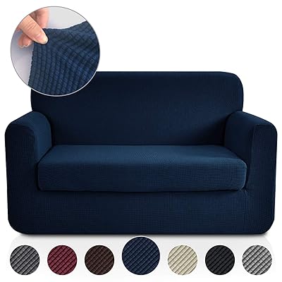 RHF 2 Separate Pieces Loveseat Cover, Slipcovers for Couches and Loveseats with Separate Cushion Cover Jacquard High Stretch Loveseat Slipcover(Loveseat: Navy)