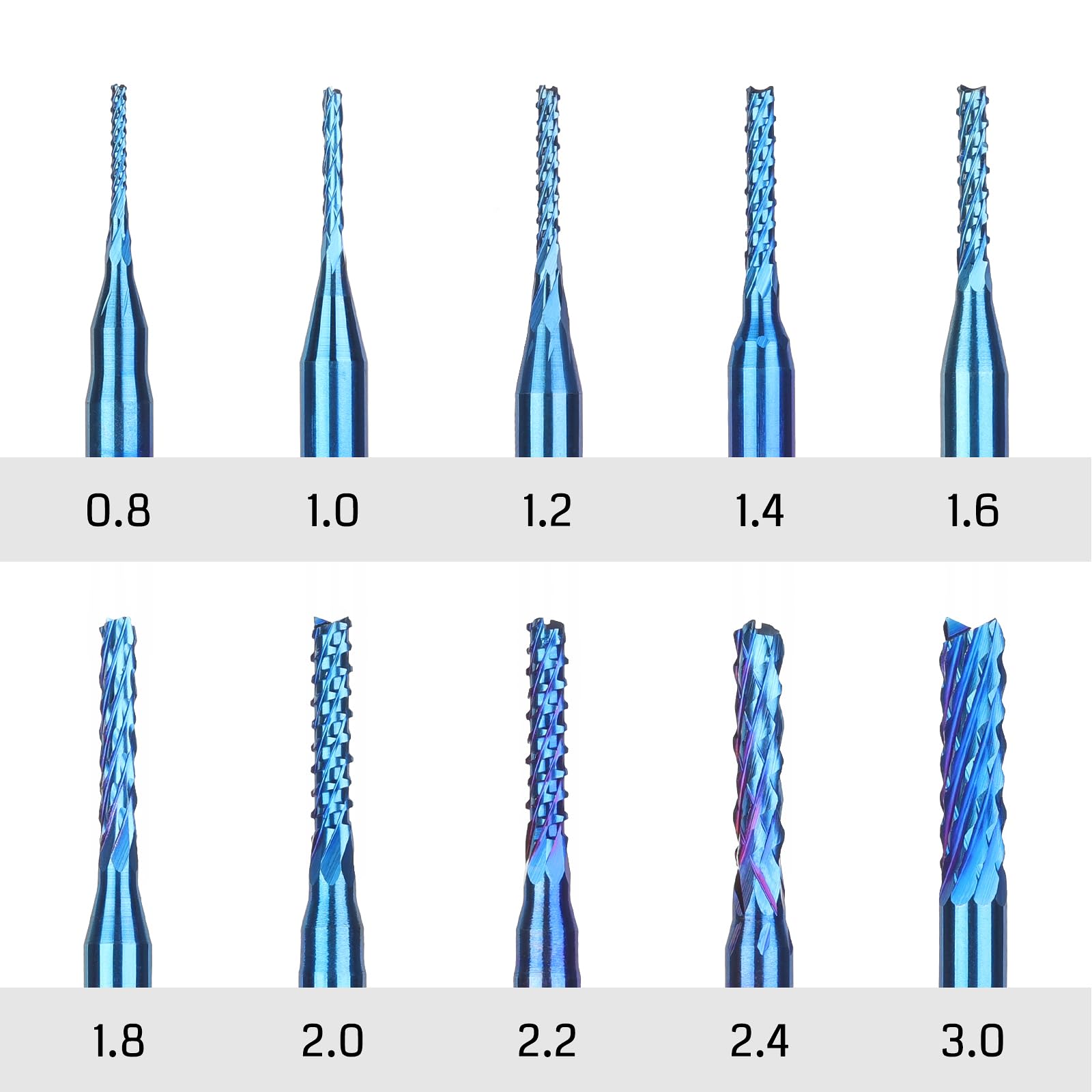 SainSmart Genmitsu 10Pcs Nano Blue Coat End Mill CNC Router Bits, 0.8-3mm, 1/8