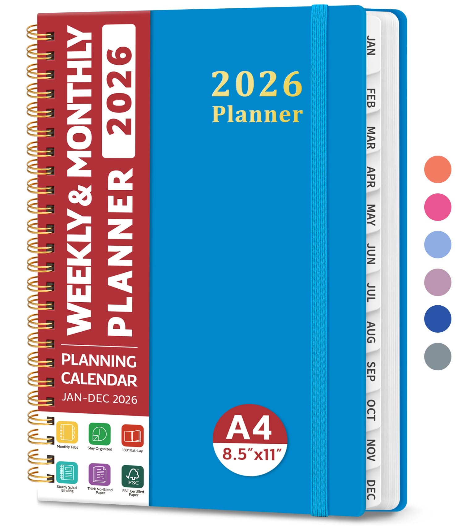 Photo 1 of 2026 Planner, Weekly and Monthly Calendar Planner, January 2026 - December 2026, Hardcover 2026 Calendar Book with Tabs For Women & Men, Inner Pocket, Spiral Bound, Perfect for Office Home School Supplies - A4 (8.5" x 11"), Azure Blue