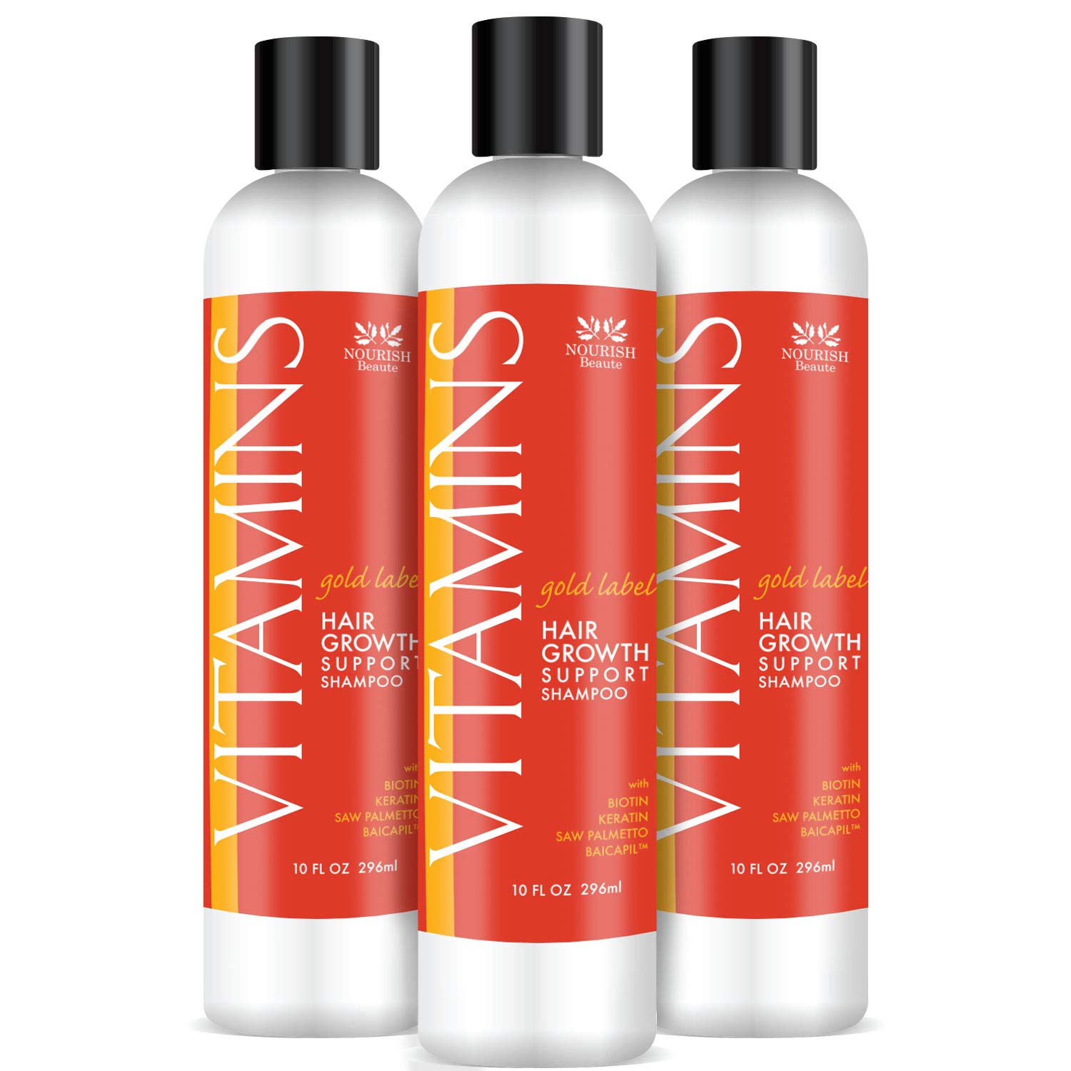 Nourish Beaute Vitamins Natural Shampoo for Hair Growth and Hair Loss for Hair Regrowth,Volume and Thickening with Biotin,DHT Blockers,Sulfate-Free For Men and Women, Premium Gold Label, 3 Pk
