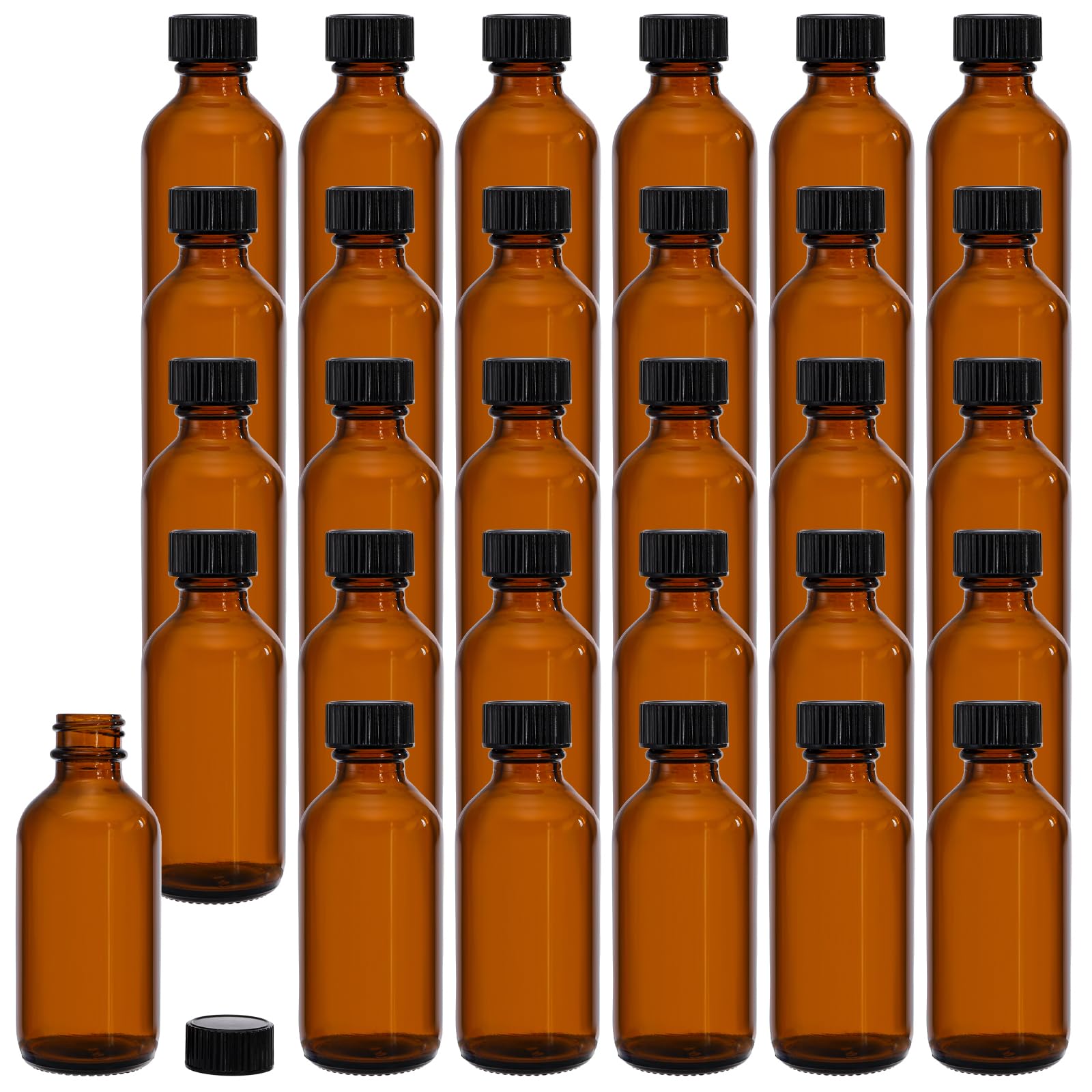 Photo 1 of Bekith 30 Pack 2 oz Boston Round Glass Bottle with Black Caps, Amber