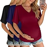Ficerd 3 Pack Women's Maternity Shirts V Neck Half Sleeve Pregnancy Tunic Tops Side Ruched Mama Clothes Casual Tee Blouse