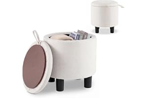 Giantex Round Ottoman with Storage, Linen Fabric Upholstered Ottoman Foot Stool with Removable Lid & Sturdy Legs, Small Foot 