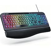 Ergonomic Keyboard, Wired Backlit Computer Keyboard with Wrist Rest, Black | Wired Keyboard, Wave Keys, Phone Holder, 7-Color Lighted Keyboard for PC, Laptop, Windows, and Mac