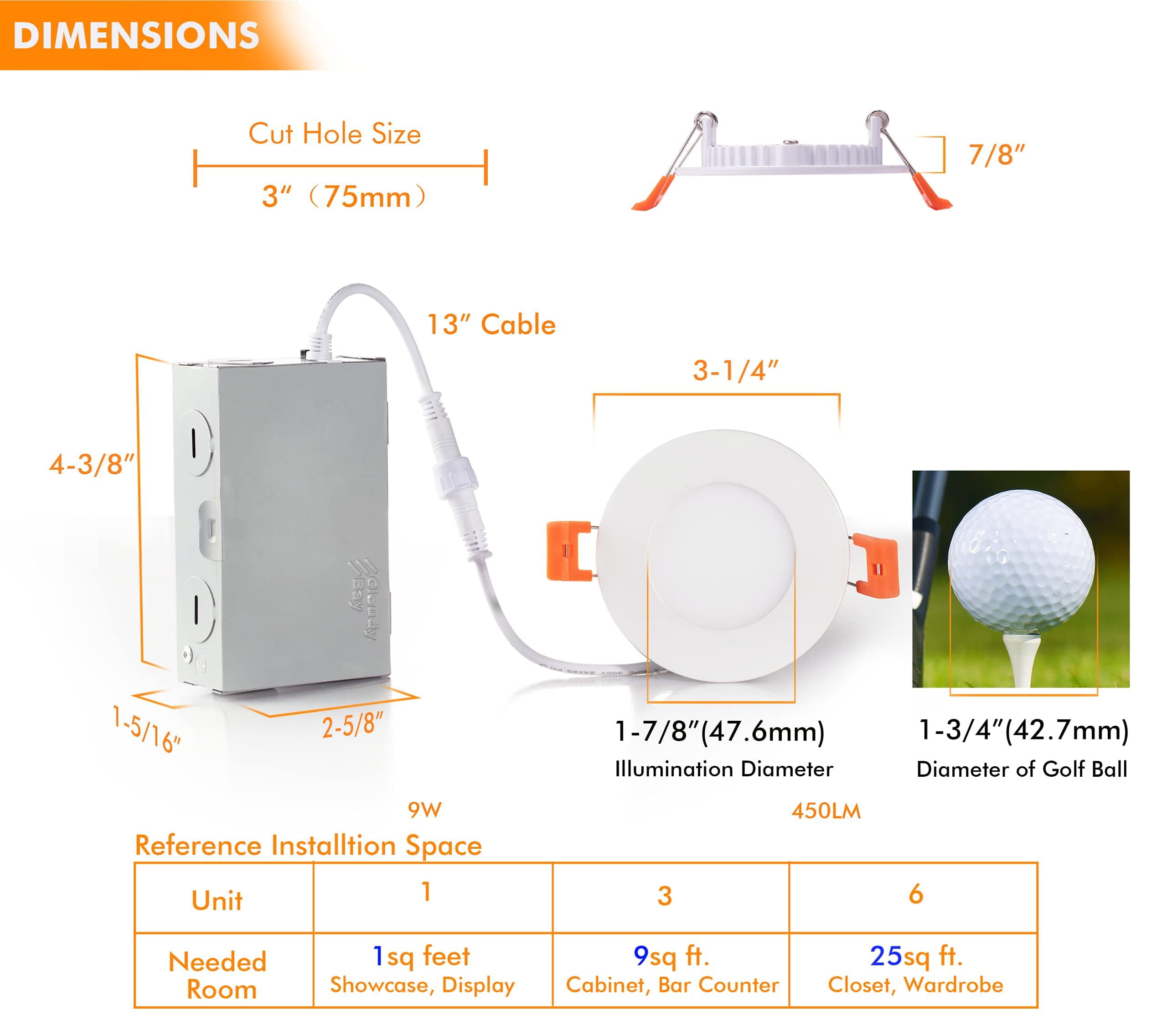 CLOUDY BAY 3 inch 5 Color Ultra Thin LED Recessed Light with Junction Box, Canless Wafer Downlight, IC Rated, 8W CRI90+, 5 Color Temperature Selectable, Illumination Diameter 1-7/8inch,White, 6 Pack