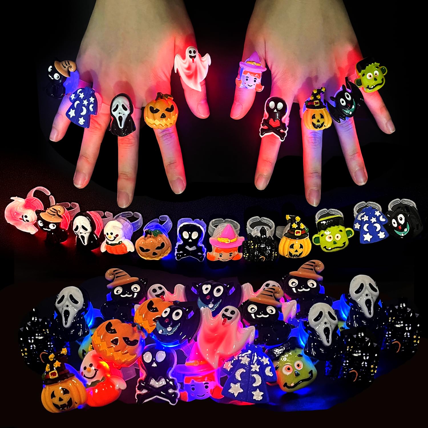 SULOLI Halloween Party Favors,12PCS LED Flash Rings for Kids & Adults Party Decorations,Glow in The Dark Halloween Party Bag Fillers