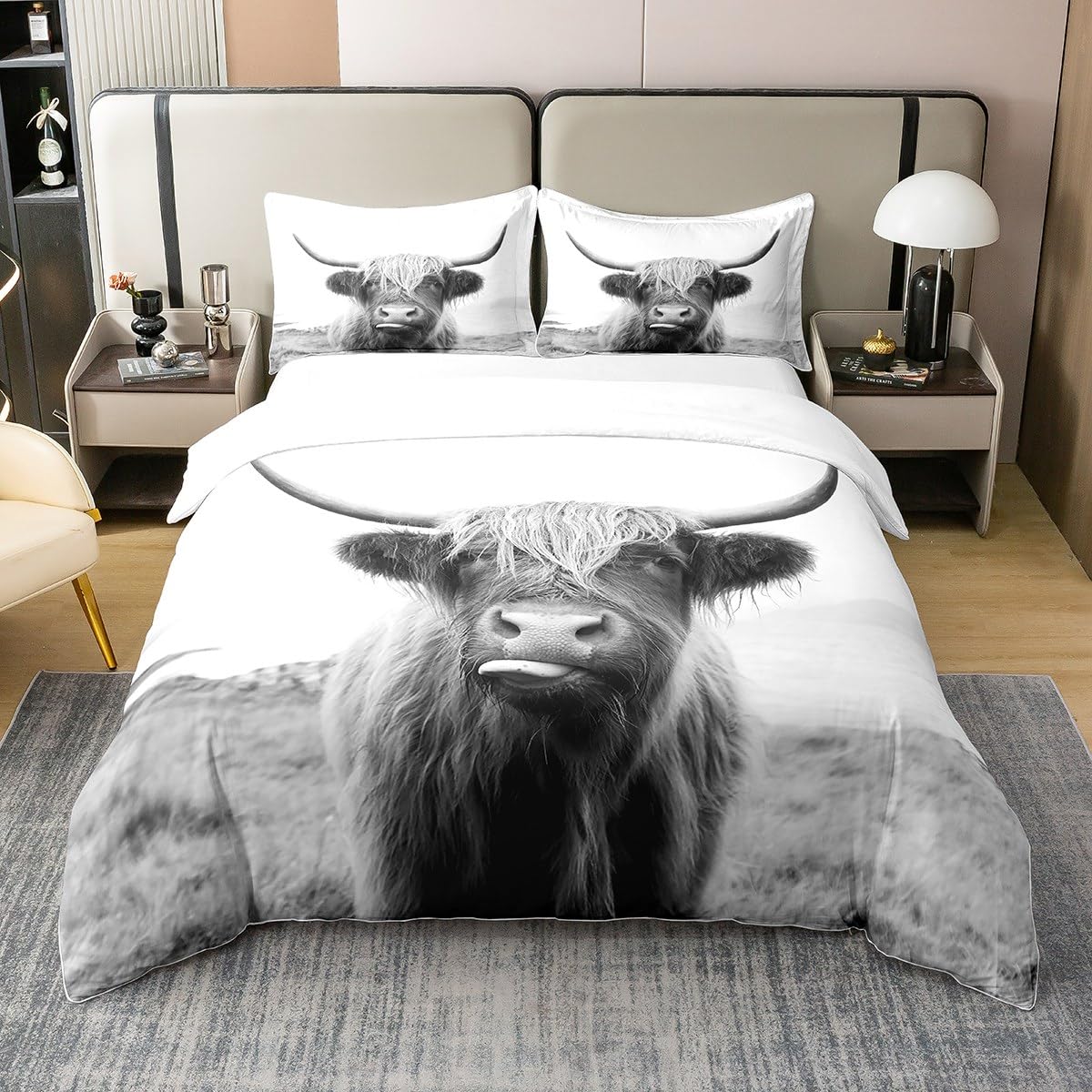 Homewish 100% Washed Cotton Highland Cow Duvet Cover for Cowboy Cowgirl,Farmhouse Animal Milk Bedding Set Super King,Funny Cute Cow Comforter Cover,Wildlife Farm Animal Bed Sets with 2 Pillowcases — image 1