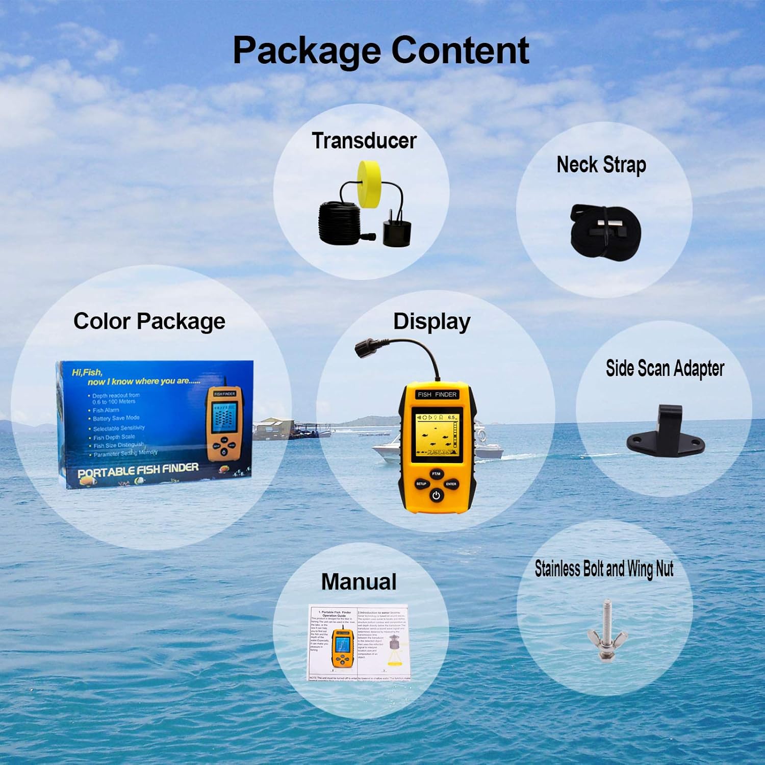 Handheld Fish Finder Portable Fishing Kayak Fishfinder Fish Depth Finder Fishing Gear with Sonar Transducer and LCD Display: Sports & Outdoors