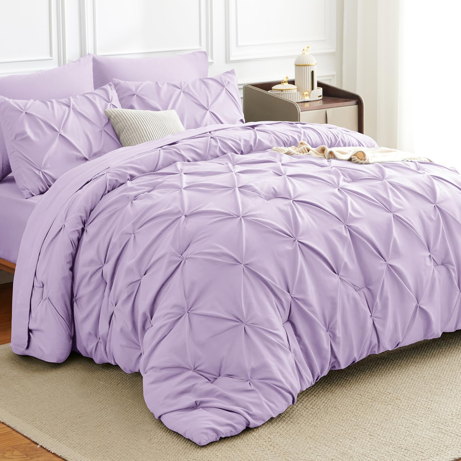 Photo 1 of HIMEET Full Comforter Set 7 Pieces Bed in A Bag Light Purple Luxury Soft Queen Size Bed Set Pintuck Pinch Pleat Bedding Sets with Comforter, Flat Sheet, Fitted Sheet and Pillowcases & Shams