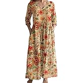 Akivide Women's Boho Floral Print V Neck Long Sleeve Maxi Dress Bohemian Casual Loose Dress with Pockets