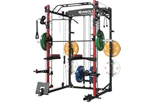 Mikolo Smith Machine,Multifunctional Squat Rack with 230LBS Weight Plates Sets，Cable Crossover Smith Machine for Home Gym, Power Cage with Dip/Leg Raise Attachments, Free Handles, Band Pegs
