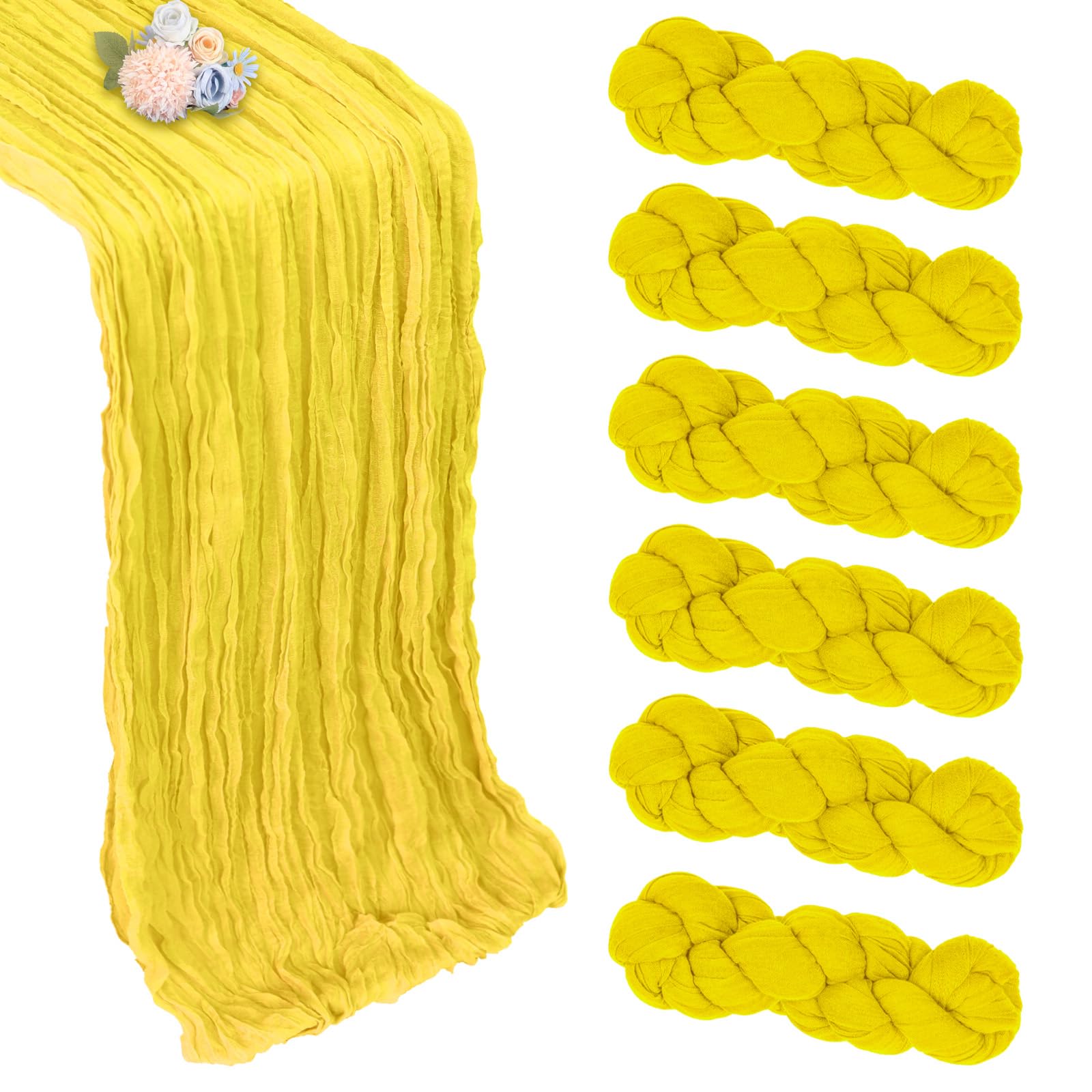 Photo 1 of 6 Pack Lemon Yellow Table Runner 10ft Boho Gauze Fabric Cheesecloth Table Runner 35 x 120 Inch Rustic Sheer Runner for Mother's Day Spring Wedding Decor Baby Shower Party Table Decorations