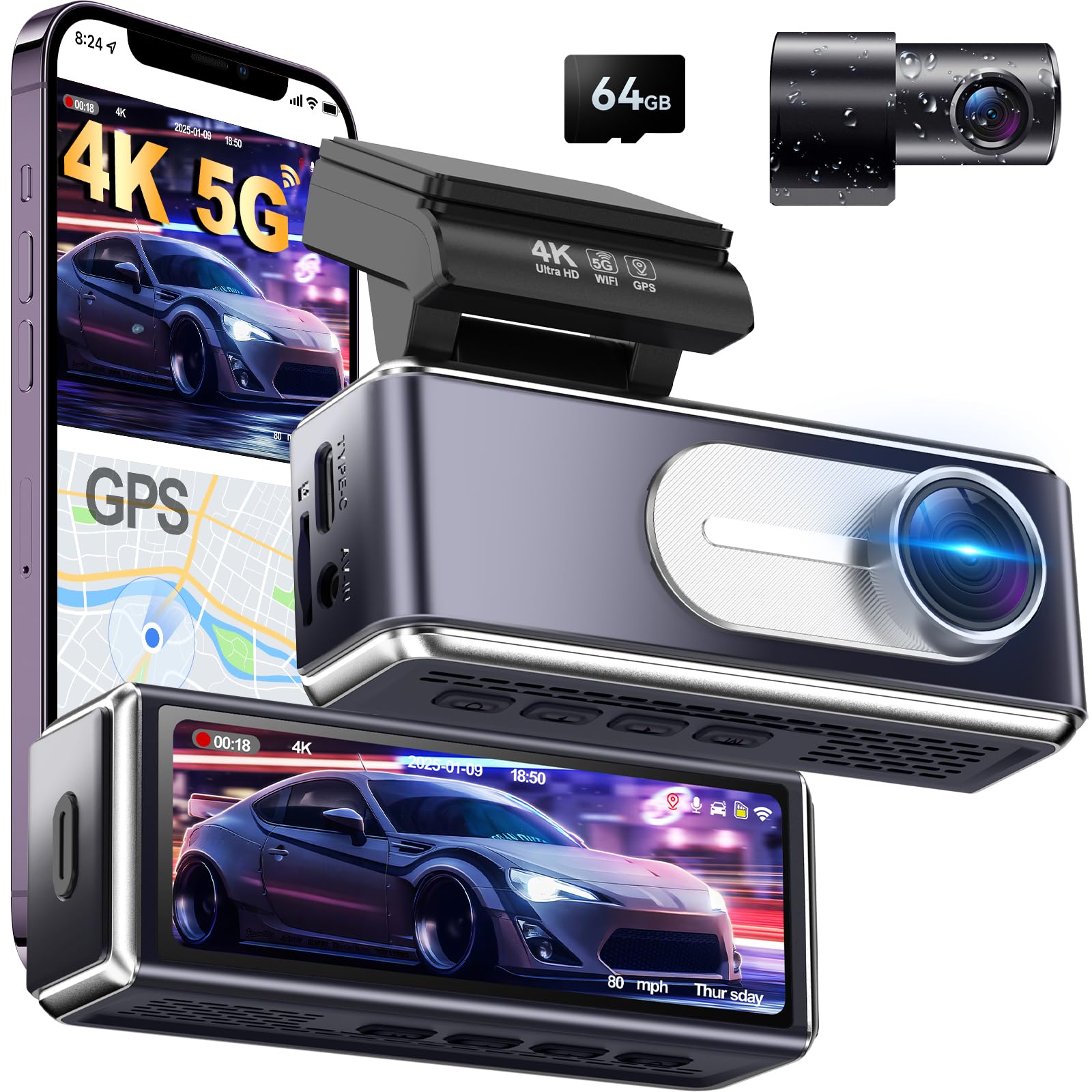 Photo 1 of VICDREAM Dash Cam Front and Rear,4K UHD Dual Dash Camera for Cars,Built-in 5G WiFi GPS,64GB Card,170°Wide Angle,Car Camera with 3.2" Screen,Night Vision,App Control,Loop Recording,HDR,24H Parking Mode