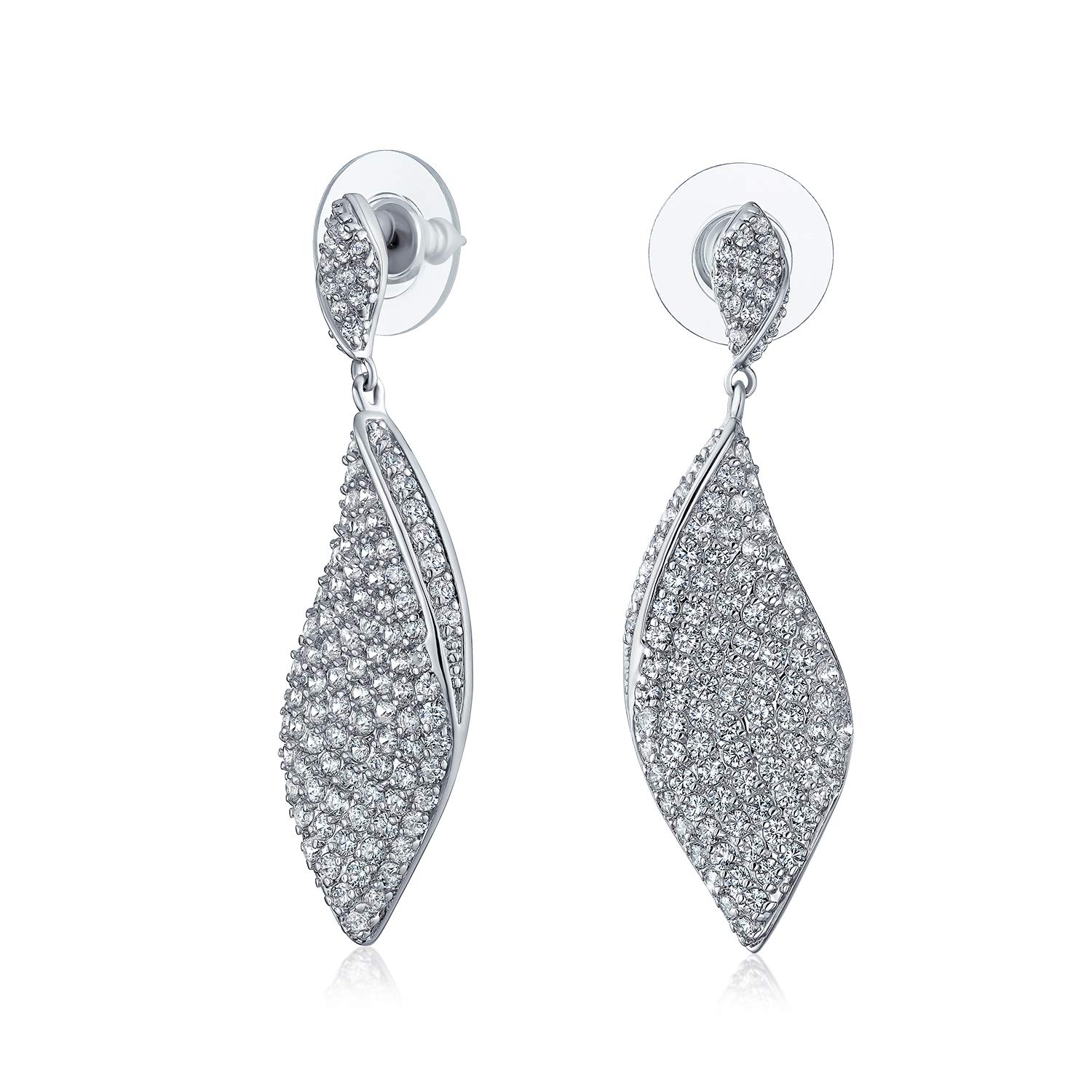 Modern Bridal CZ Pave Encrusted Statement Twist Teardrop Dangle Chandelier Earrings For Women Bridesmaids Silver Plated