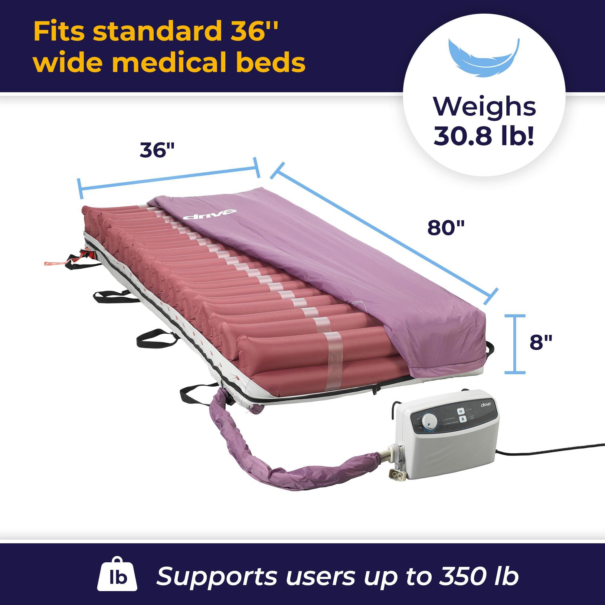 Drive Medical 14027 Med-Aire Low Air Loss Mattress Replacement System with Alternating Pressure, Dark Purple