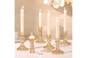 DARJEN Gold Glass Candlestick Holders Set of 6, 4" H & 5" H Taper Candle Holders for Candlesticks & Pillar Candles, Diamond Candle Holders for Wedding Party Table Centerpiece, Home Decor