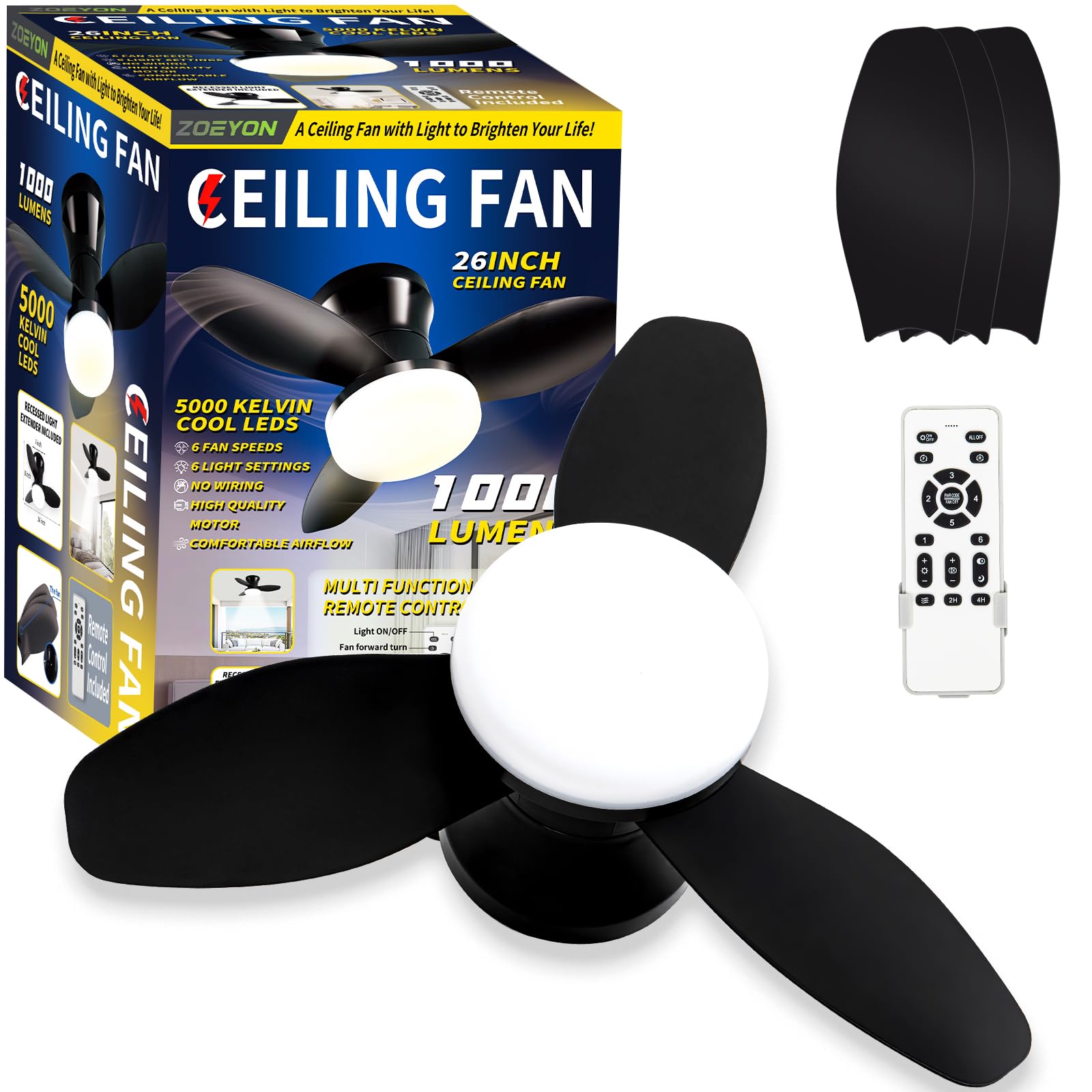 ZOEYON Small Ceiling Fan with Light - 26 Inch Flush Mount Ceiling Fan with Lights and Remote, Low Profile Ceiling Fans with 3 Reversible Blades, 6 Wind Speeds, Black Ceiling Fans for Bedroom