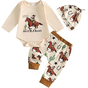 Sasaerucure Newborn Baby Boy Outfit Fall Winter Clothes 3PCS Set | New To the Rodeo Crew Long Sleeve Romper, Long Pants, Knot