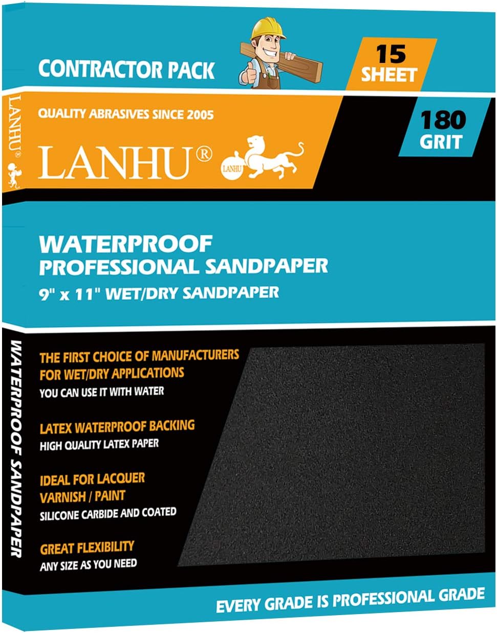 LANHU, 180 Grit Sandpaper for Wood Furniture Finishing, Metal Sanding and Automotive Polishing, Dry or Wet Sanding, Multipurpose Sandpaper, 9 x 11 Inches, 15-Sheets