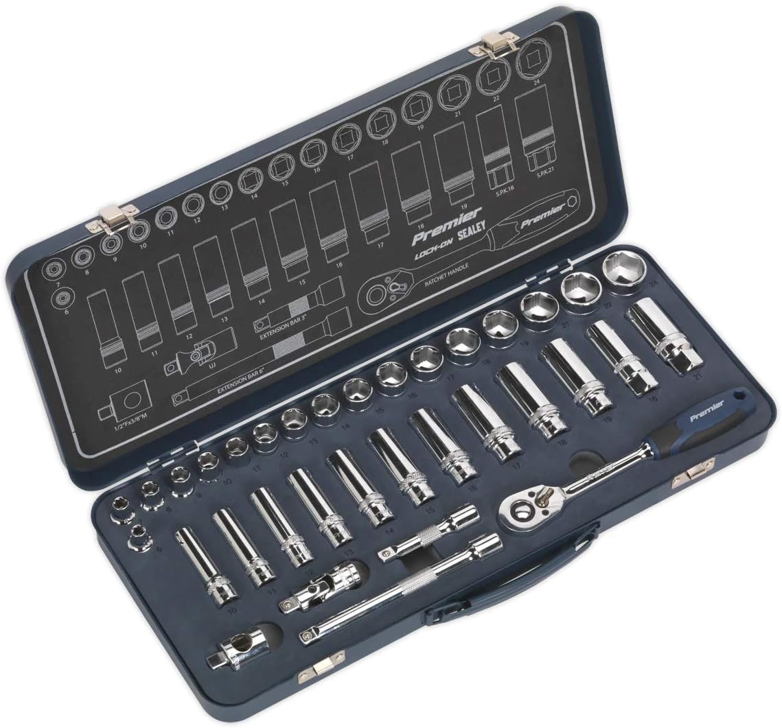 Sealey Ak27481 Socket Set 34Pc 3/8In Sq Drive Lock-On? 6Pt Metric, Red, 3/8"