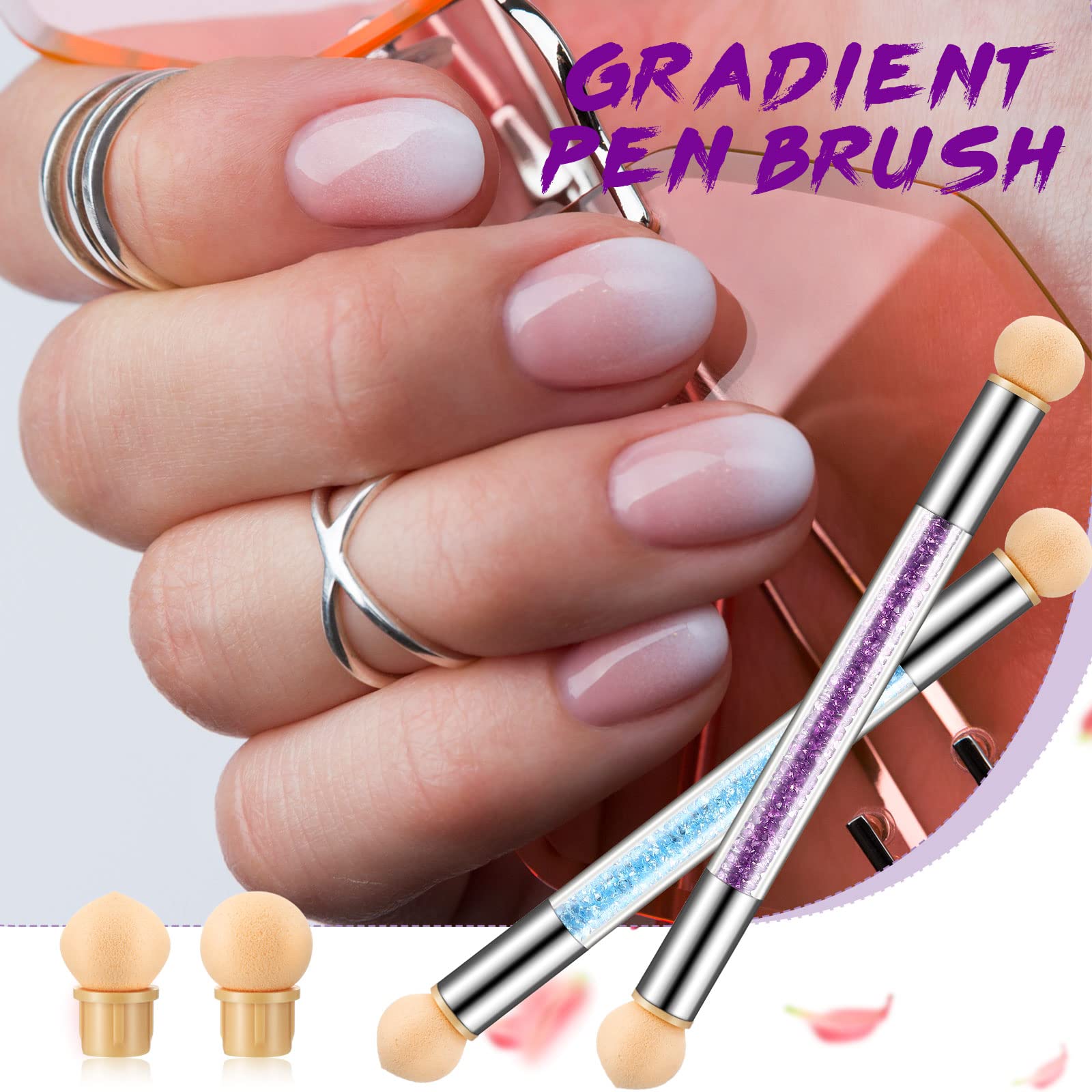 Maitys 4 Pcs UV Gel Gradient Sponges Pens with 16 Pcs Replacement Head Nail Sponges for Ombre Double Head Brush for Nail Art Manicure DIY Tools(White, Green, Purple, Blue) - Image 3