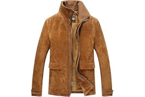 FLAVOR Men's Classic Leather Jacket Suede Winter Coat with Removable Collar