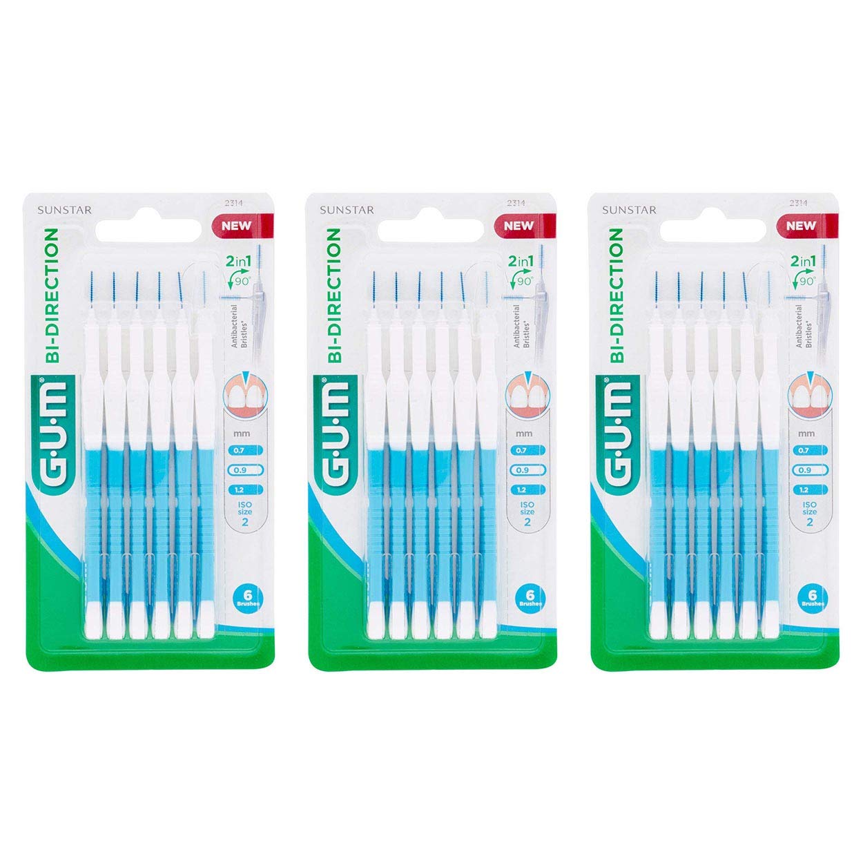 GUM Bi-Direction Interdental Brushes Pack of 6 0.9 mm Blue (Candle), Value Pack of 3 (3 x 6 Pieces)