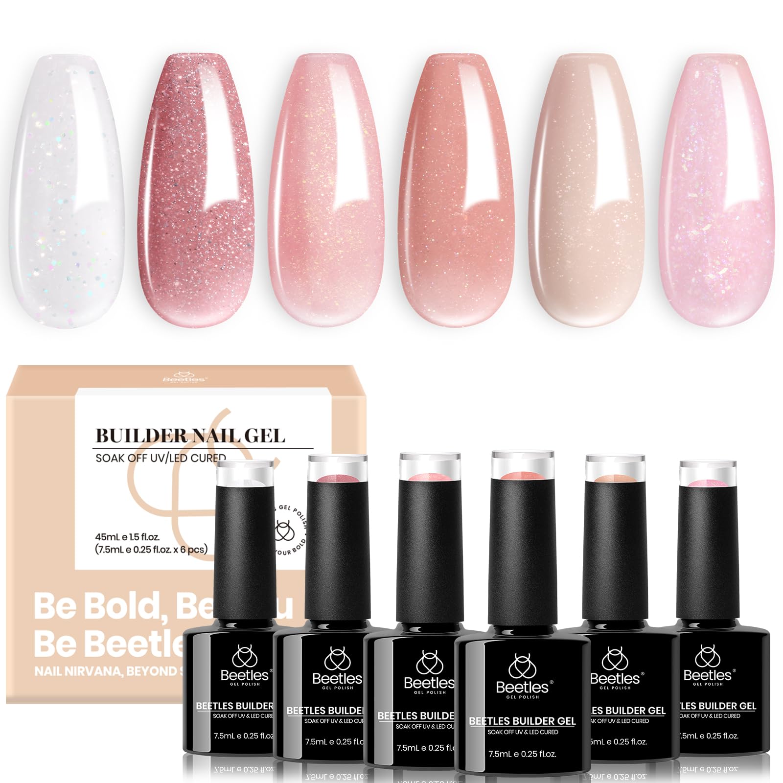 Beetles Builder Gel for Nails, 6 Colors 7 in 1 Nude Pink Glitter Builder Strengthener Gel Set for Nail Apex and Nail Extension Color Nail Art Design Beauty Gift Sets for Women