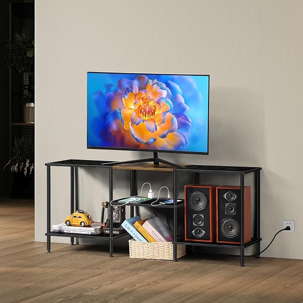 BTY FARMHOUSE TV STAND WITH STORAGE INDUSTRIAL TV CONSOLE WITH POWER OUTLET, 45 INCH WOODEN TV ENTERTAINMENT CENTE FOR LIVING ROOM, BEDROOM, SMALL SPACE, GREY