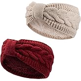 AQOKKA Knit Winter Headbands for Women Fuzzy Wool Fleece Lined Ear Warmers Elastic Turban Crocheted Head Wrap Winter Accessories for Women Cold Weather