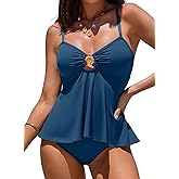 Aleumdr Women's Tankini Bathing Suits Bandeau 2 Piece Swimsuits Shell Swim Tank Top with High Waisted Bottom