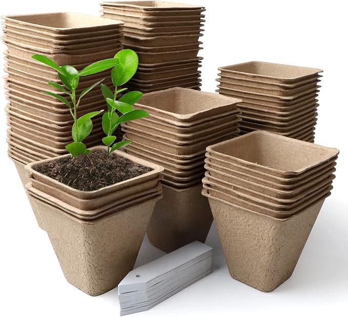 Peat Pots 3 Inch, EHWINE 100 Pack Square Peat Pots for Seedlings Biodegradable Seed Starter Pots